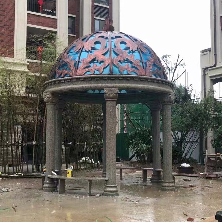 石雕凉亭欧式圆顶凉亭户外花园铁艺帽石亭子汉白玉小区石材景观亭