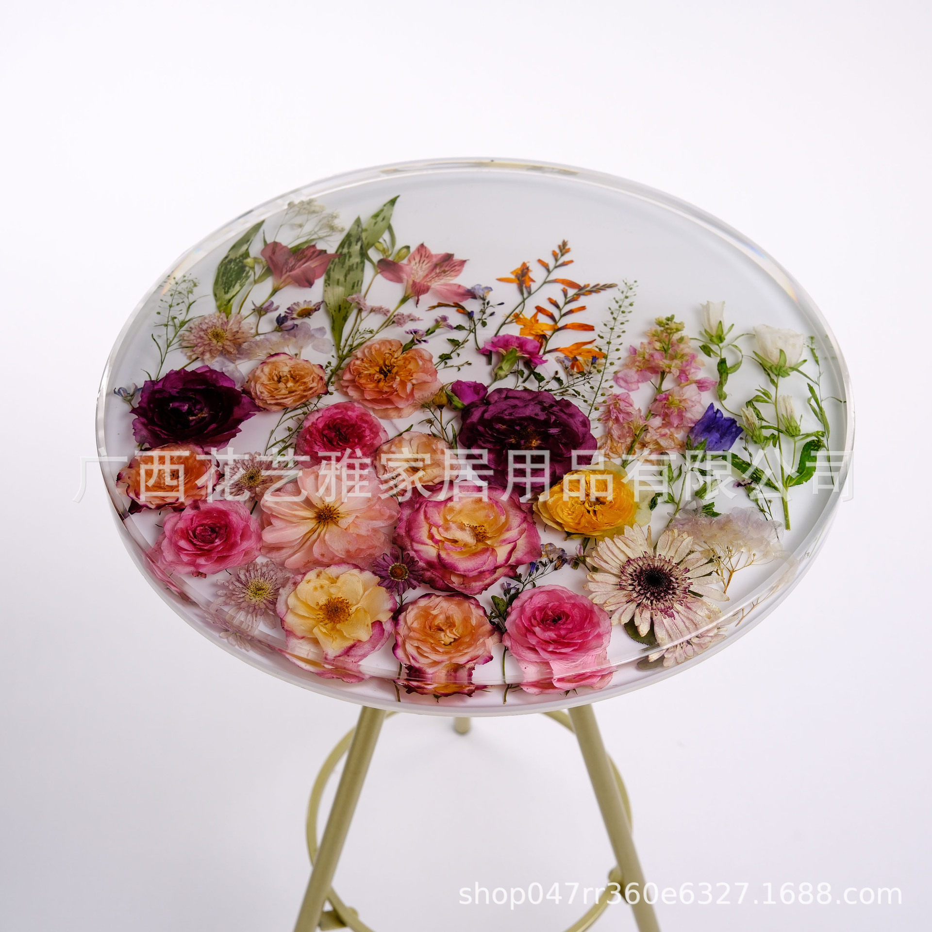 圆形干花多彩玫瑰镶嵌树脂茶几客厅家用餐厅客厅高级感圆桌咖啡桌