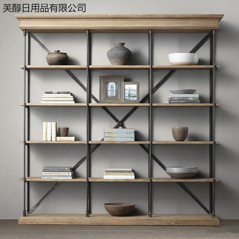 复古法式做旧铁艺实木书架