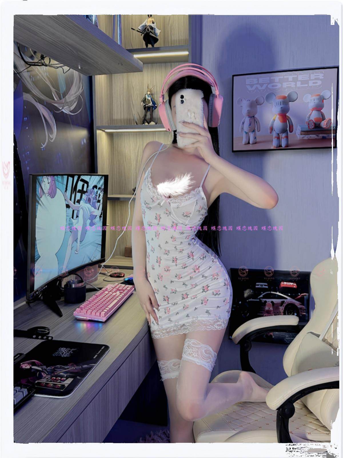 内衣小碎花撞色蕾丝拼接纯欲风吊带包臀性感睡衣短裙