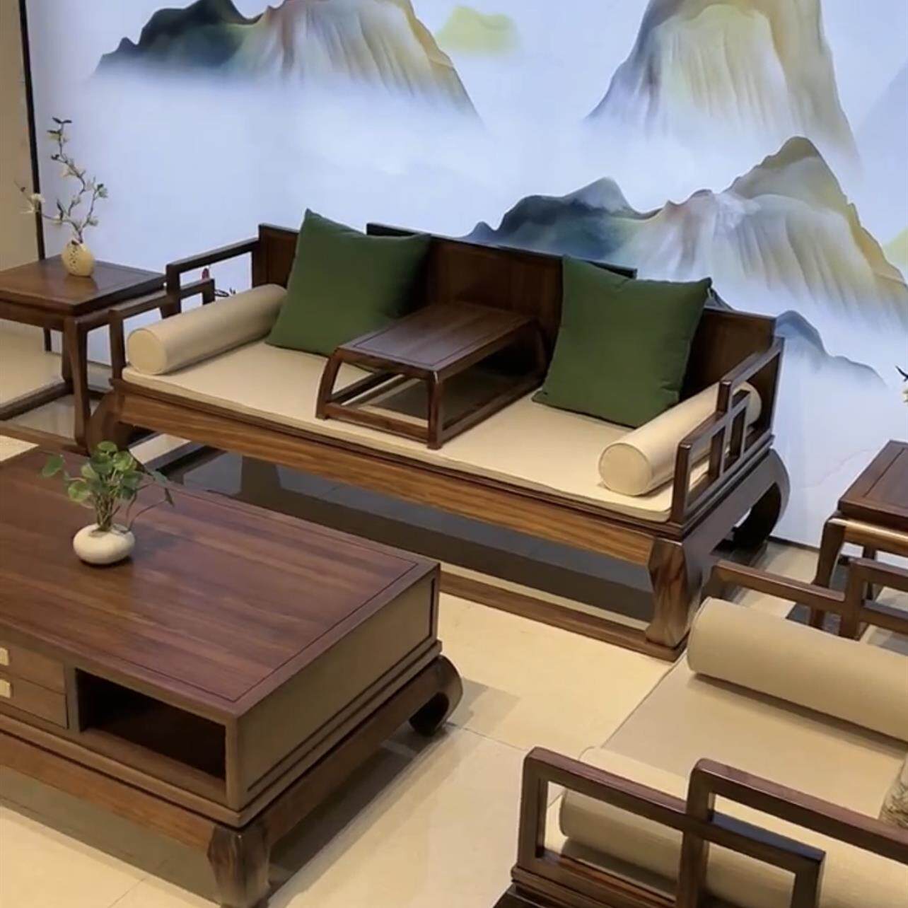 新中式实木罗汉床沙发组合客厅乌金木高端罗汉塌茶室会所别墅定制