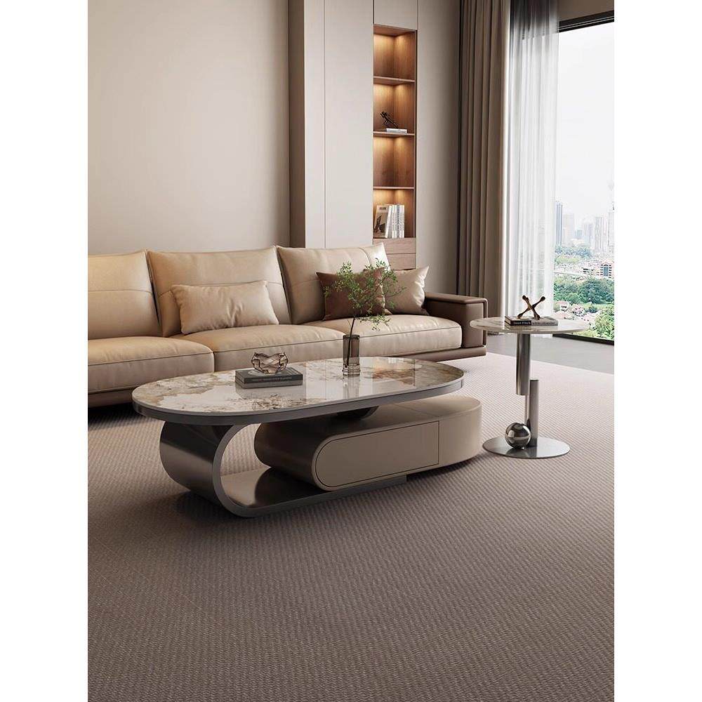 意大利轻豪华现代简单石板咖啡桌椭圆形大小与抽屉创意电视柜客厅