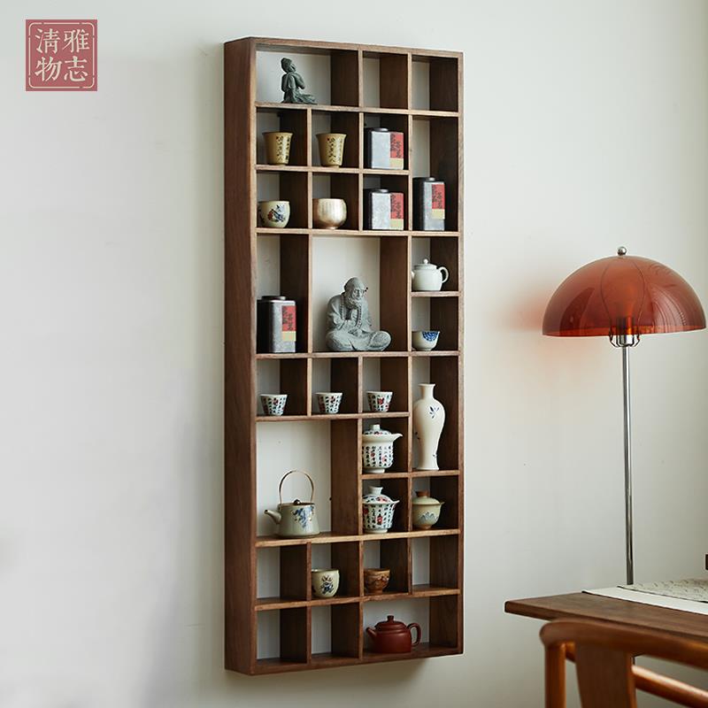 北美黑胡桃木中式异形壁挂多宝格茶杯架子挂墙展示收纳置物博古架