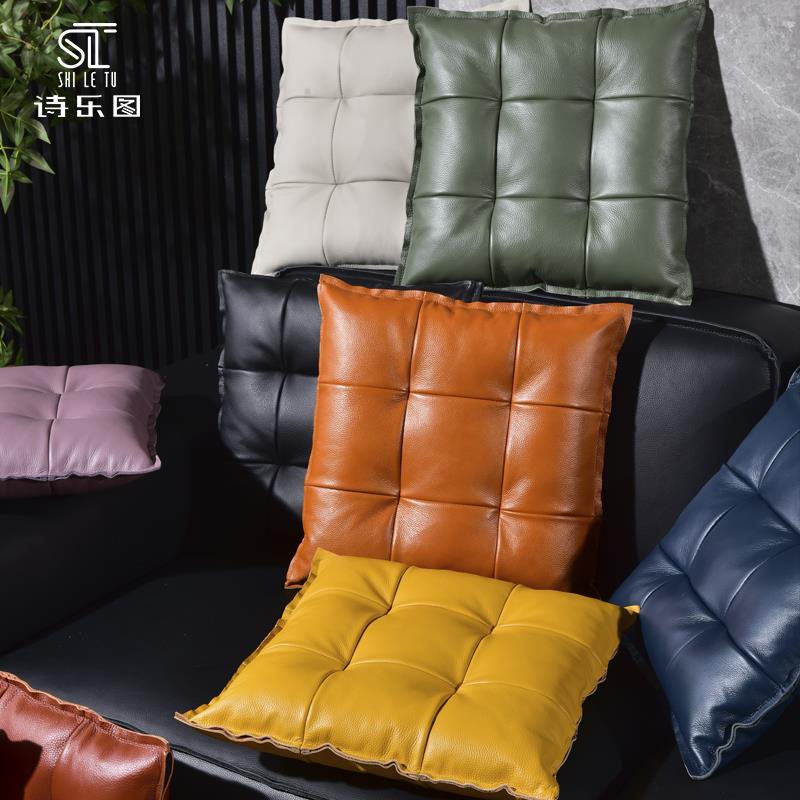 真皮抱枕榻榻米牛皮坐垫轻奢九宫格汽车腰枕方形头层牛皮高级设计