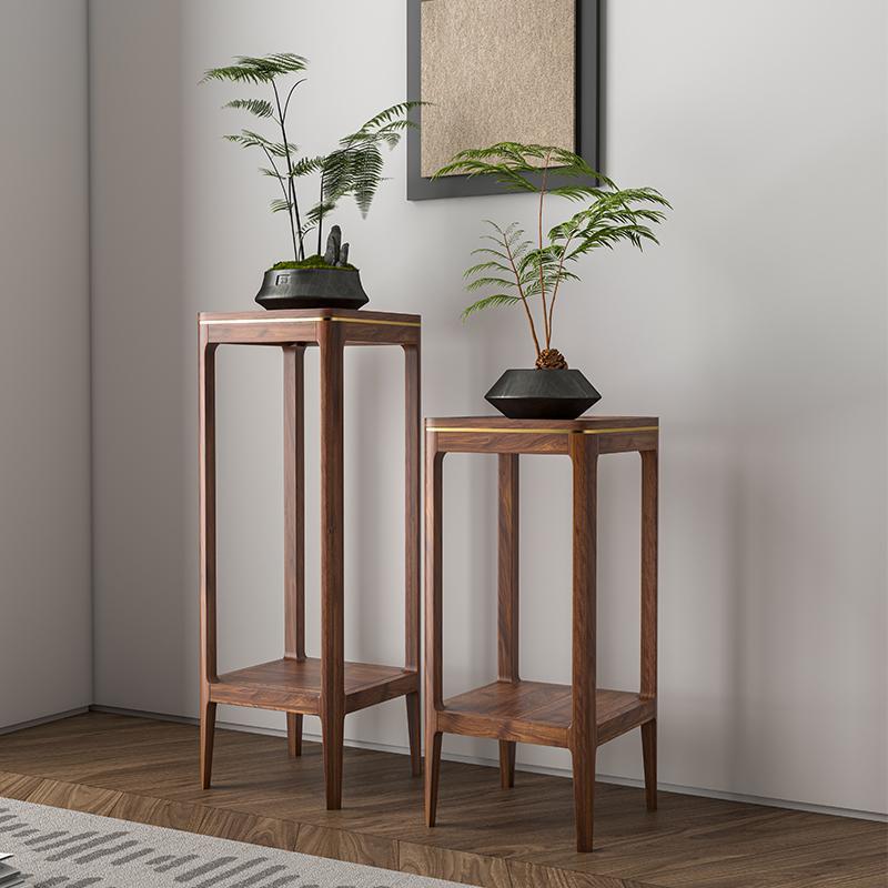 纯实木北美黑胡桃木花架子新中式客厅落地式家用花几阳台置物架子