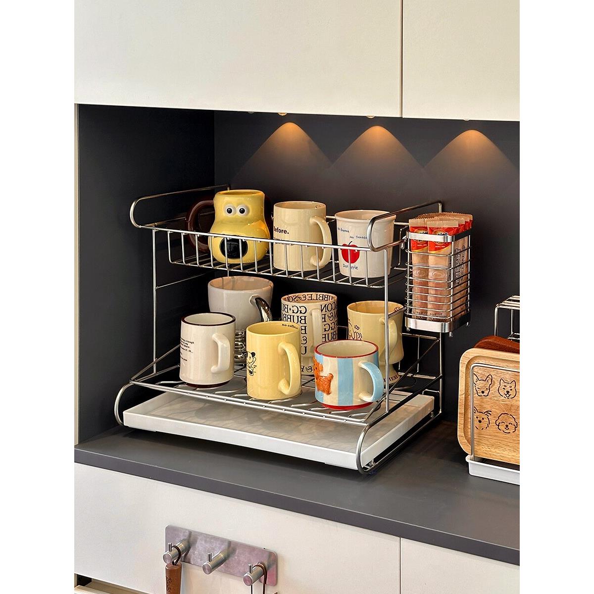 不锈钢杯子收纳置物架桌面水杯架咖啡茶包收纳盒双层沥水架餐边柜