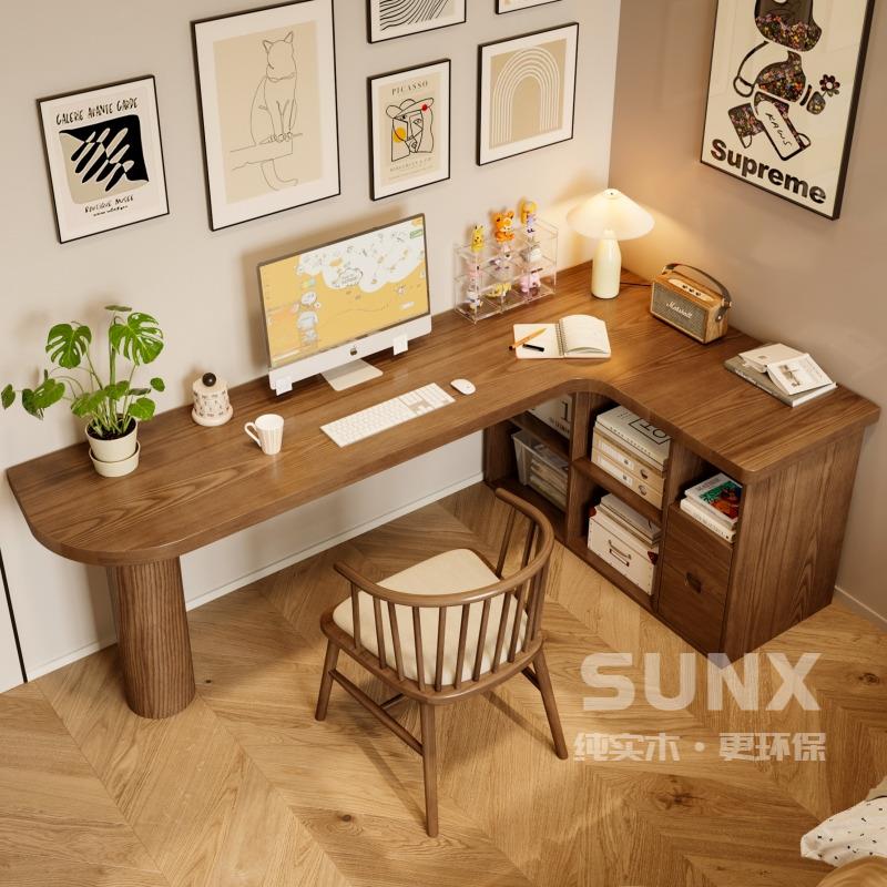 实木转角书桌书柜书架组合 法式家用办公桌角落拐角L型儿童学习桌