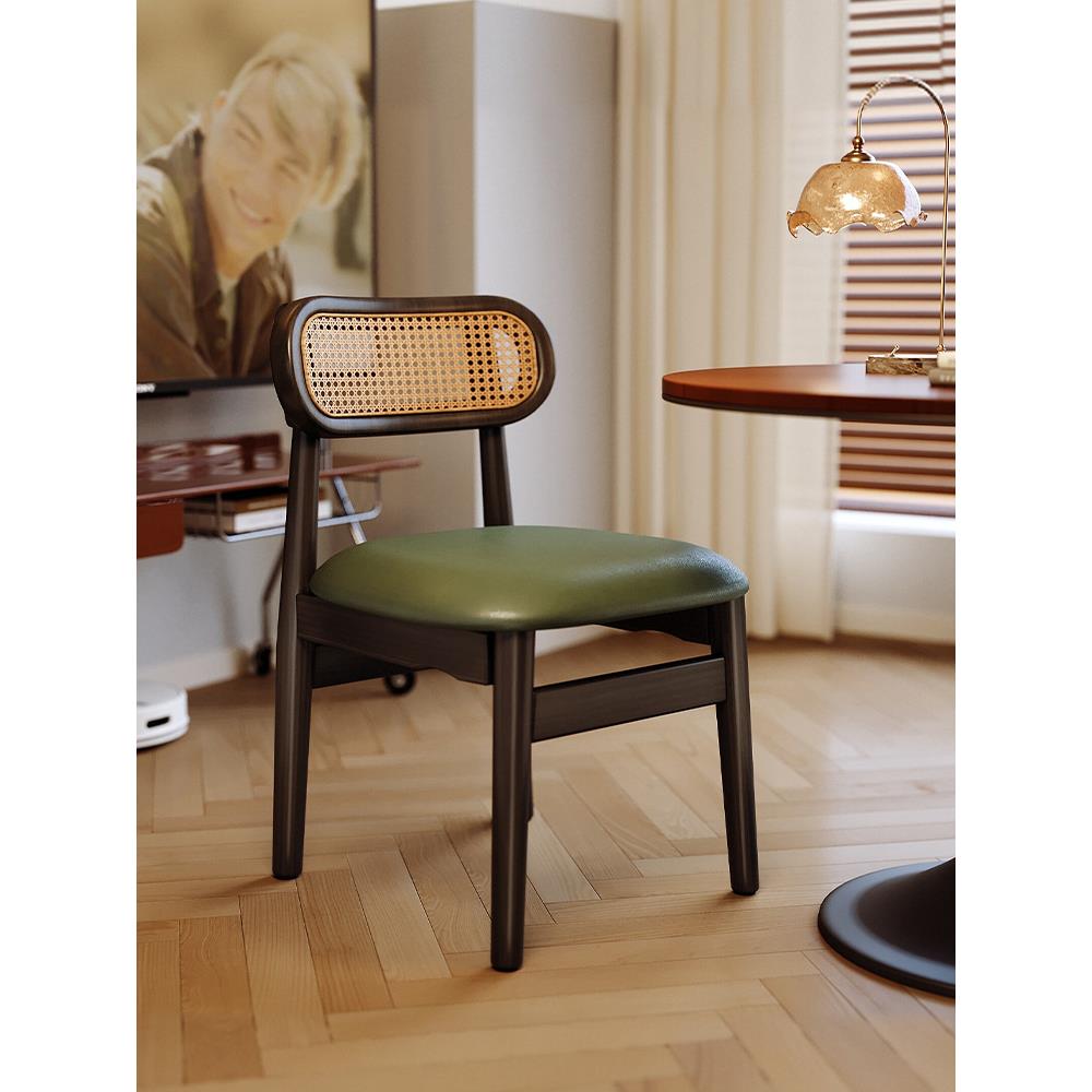 中古休闲家用椅子实木餐桌椅靠背复古藤编法式餐椅高级感绿色凳子