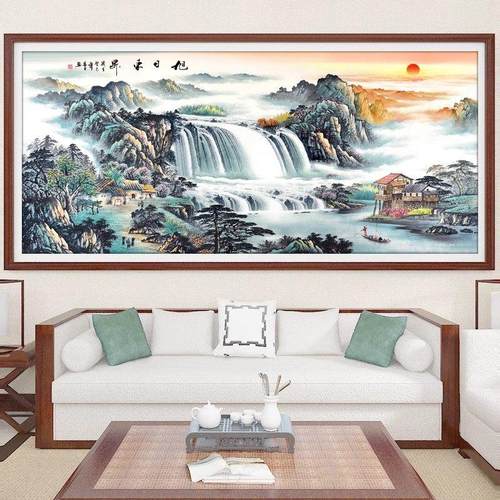 纯手工十字绣成品旭日东升风景山水客厅办公室装饰挂画带框绣好的