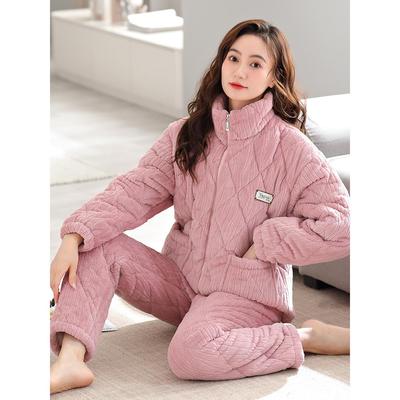 秋冬款睡衣女2025新款加绒加厚珊瑚绒三层夹棉拉链款家居服可外穿