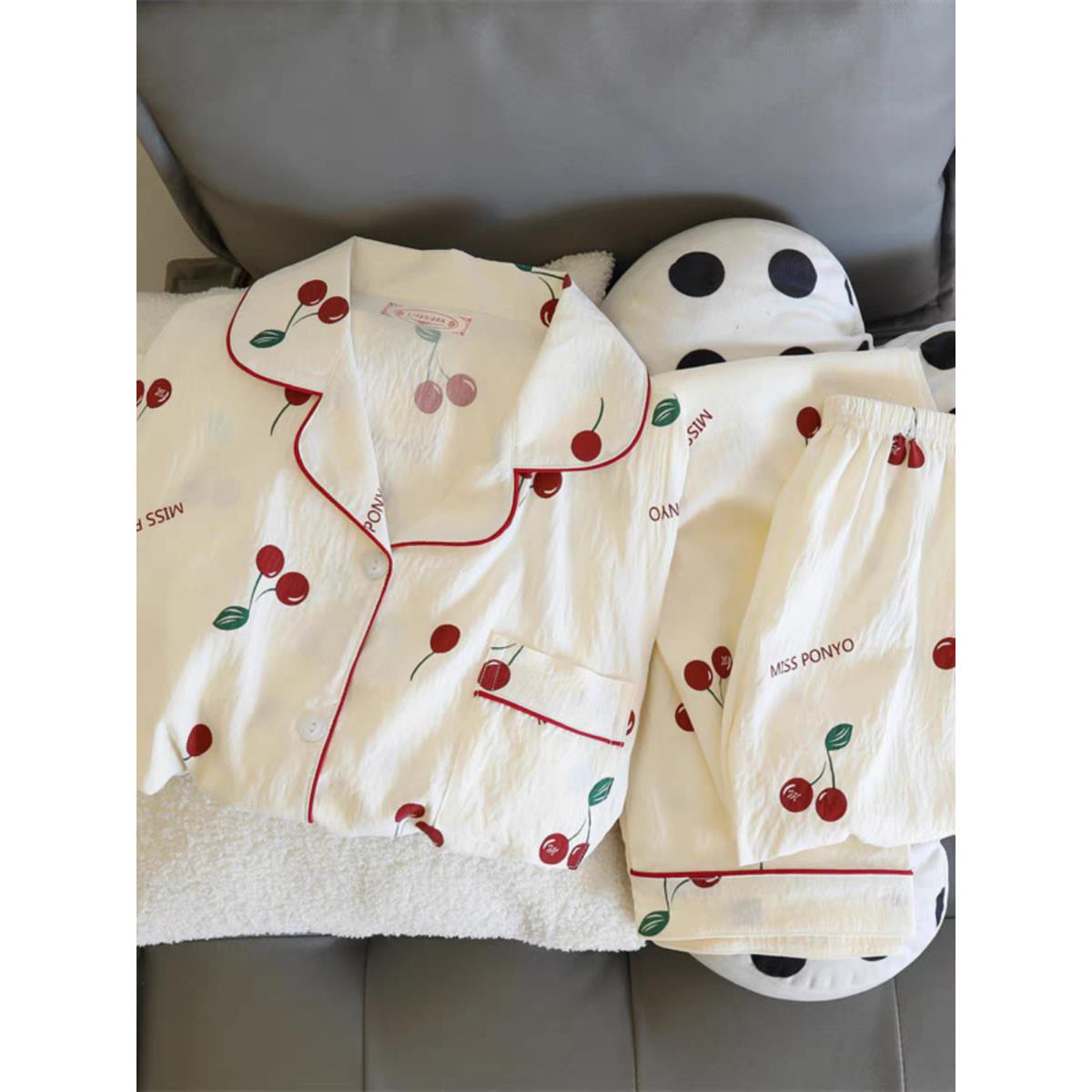 纯棉纱布睡衣女春秋季长袖甜美樱桃可外穿开衫家居服套装月子孕妇