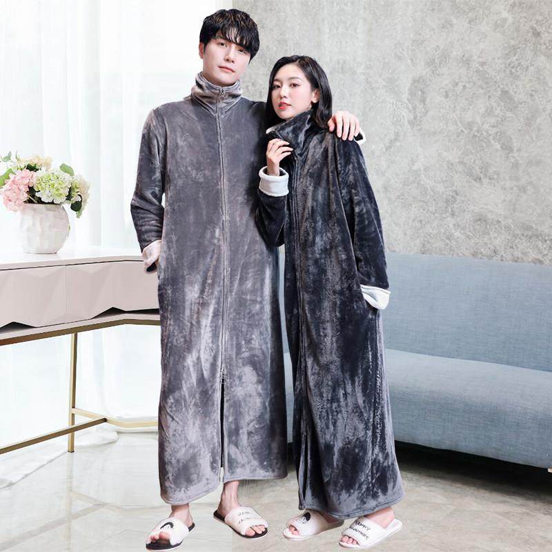 懒人宽松睡裙男士加厚秋冬季连体睡衣拉链睡袍可外穿浴裙长款女士