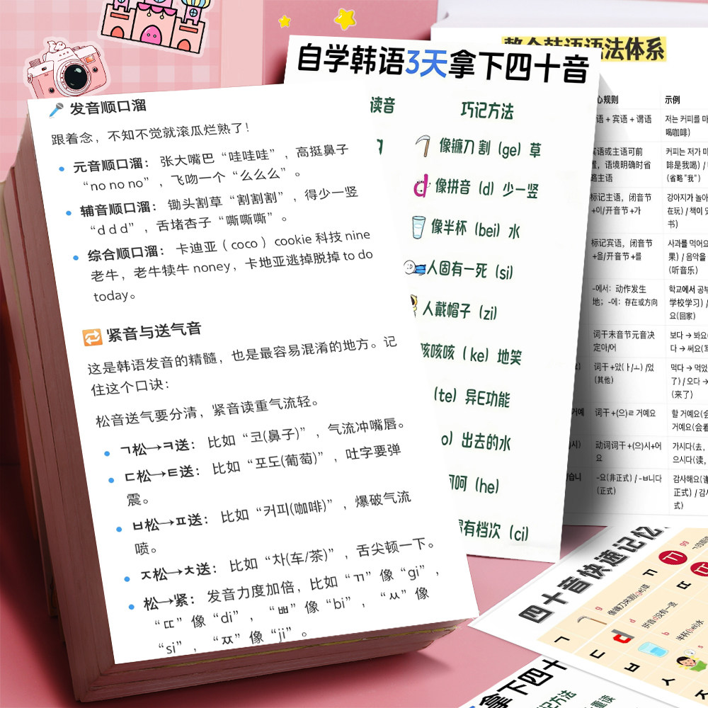 韩语四十音发音学习贴纸零基础自学韩语快速记忆学习笔记知识贴画