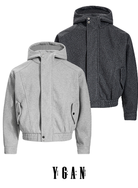 YGAN美式复古重磅灰色连帽毛呢外套男女情侣cleanfit短款立领夹克