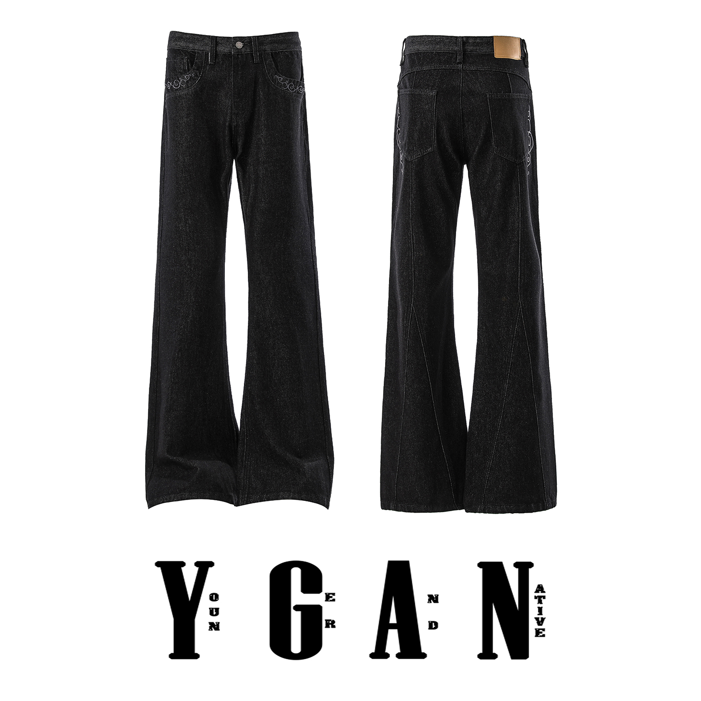 YGAN年少不知  纹理刺绣黑色原牛牛仔裤女款微喇直筒cleanfit裤子