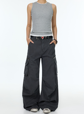 YGAN年少不知美式复古褶皱灰色工装裤男女款多口袋宽松休闲裤子