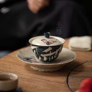 圭隐堂手绘莲花禅意盖碗草木灰陶瓷家用复古泡茶碗分茶器手抓碗