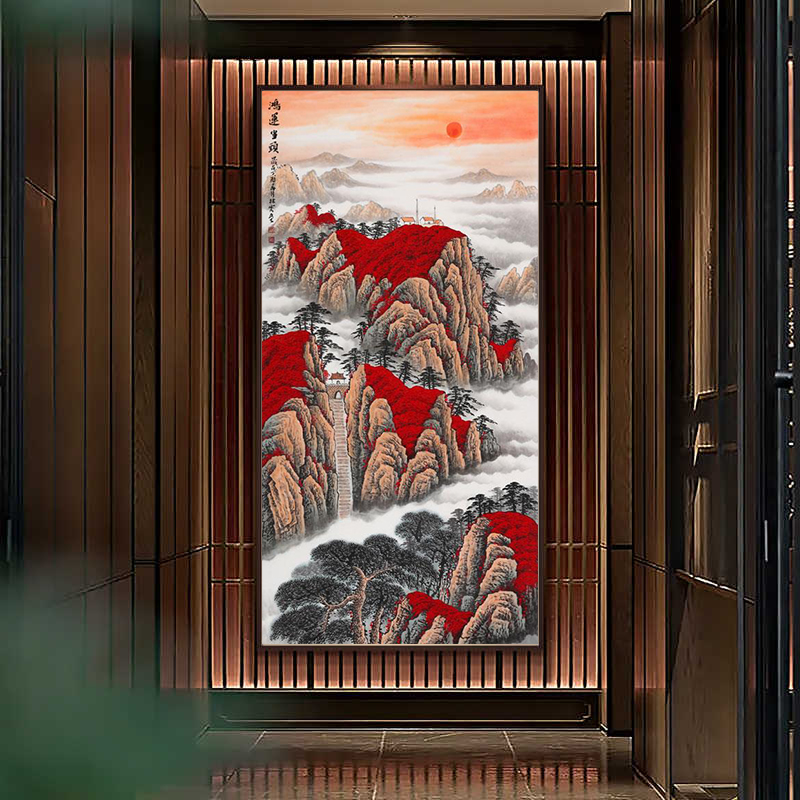 新中式鸿运当头国画山水画客厅壁画入户玄关挂画走廊过道装饰画
