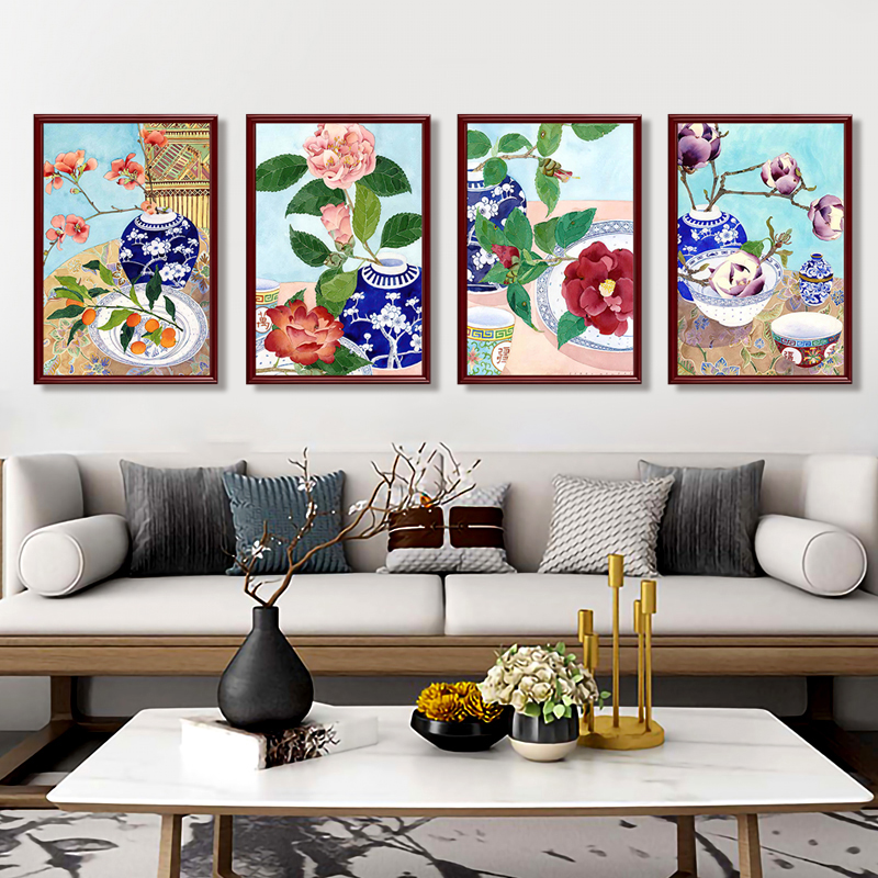 青花瓷挂画客厅沙发背景墙装饰画植物花卉复古瓷器花瓶茶杯壁画图片