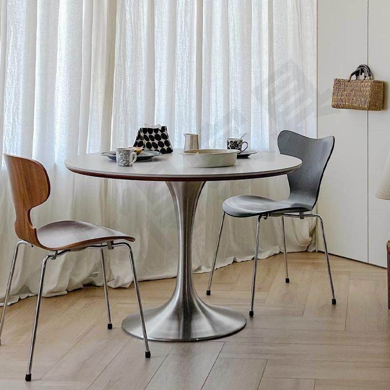 中古风圆桌家用小户型客厅圆形岩板餐桌复古拉丝不锈钢郁金香圆桌