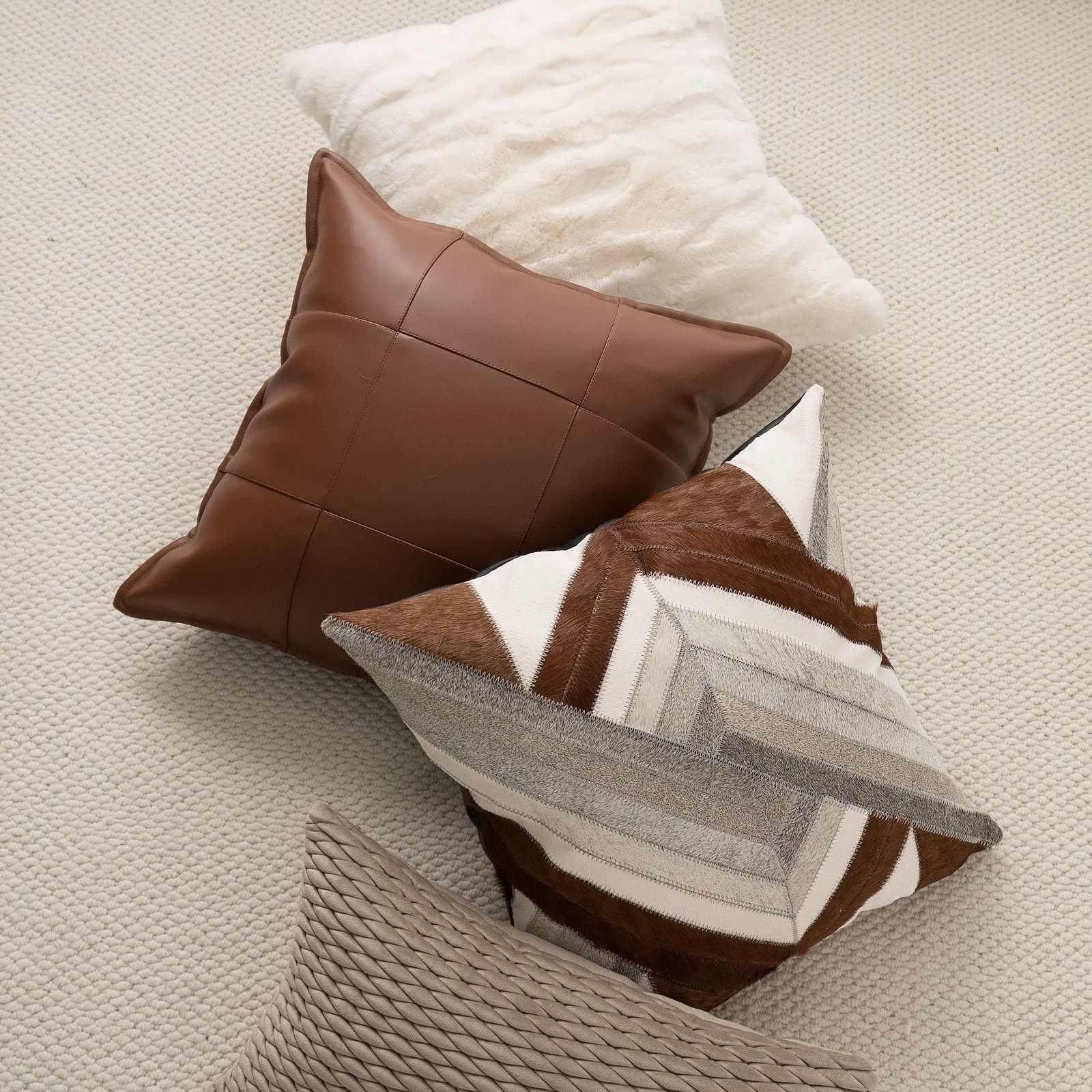 简约轻奢高档皮草濑兔毛马毛牛毛真皮皮革抱枕套现代轻奢咖色方枕