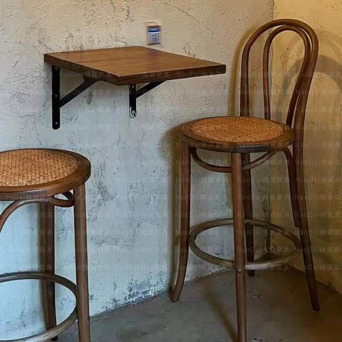 实木18号法式吧台椅中古风实木高脚凳子岛台北欧高脚藤编靠背椅子