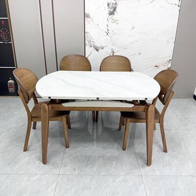 中古风实木大理石餐桌椅组合家用小户型可伸缩折叠可变圆桌吃饭桌