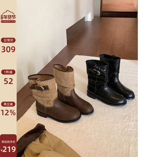 Chio2nd南风 4cm加绒增高短靴女款秋冬时尚拼接靴子复古美式女靴