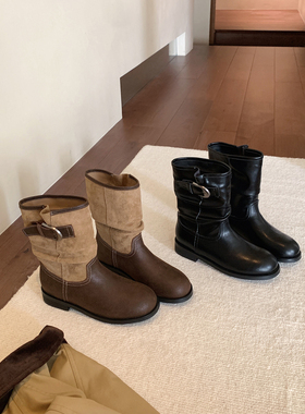 Chio2nd南风 4cm加绒增高短靴女款秋冬时尚拼接靴子复古美式女靴