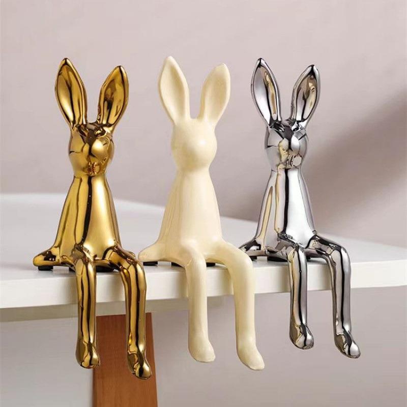 现代轻奢电镀银兔子摆件玄关酒柜电视柜客厅家居隔断房间软装饰品