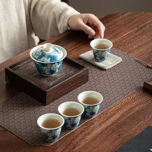 青花三才盖碗壶承简约功夫茶具可悬停手抓茶碗茶杯茶盏家用套装