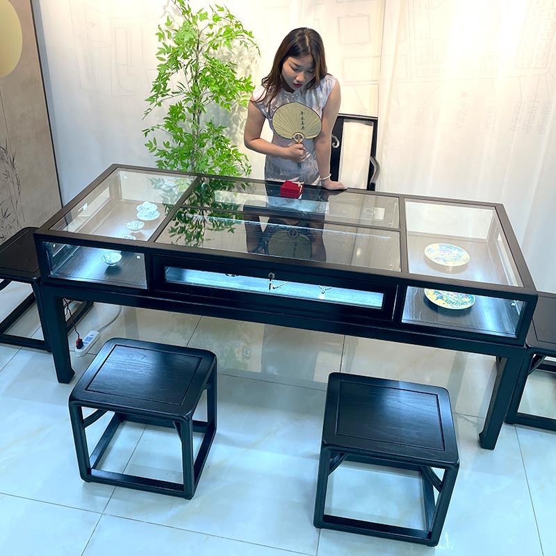 北榆木展示柜实木珠宝首饰柜台收银台带灯带锁玻璃柜玉器文玩桌