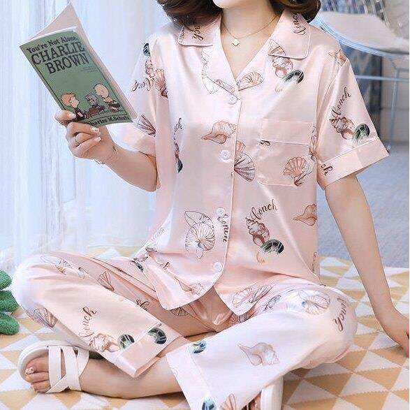 高档真丝睡衣女式两件套短袖真丝上衣冰真丝长裤套装印花休闲家装
