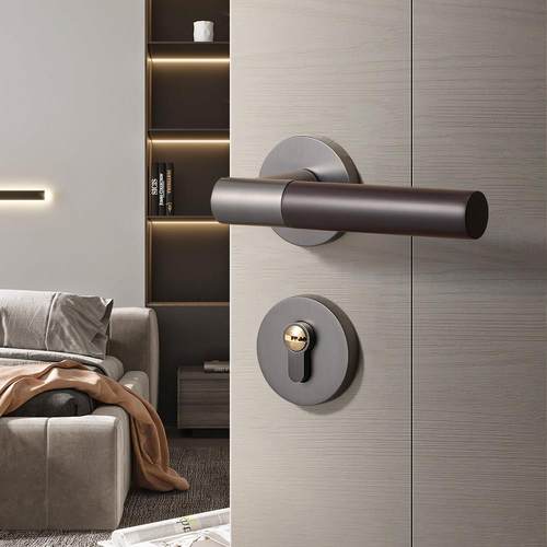 灰色卧室门锁室内磁吸实木房门房间门把手静音分体木门锁家用锁具