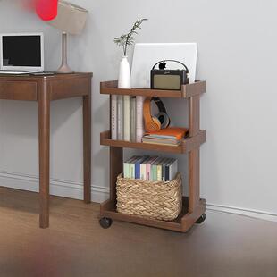 全实木可移动书架，带轮子，落地式小客厅多层储物架，花架，花桌
