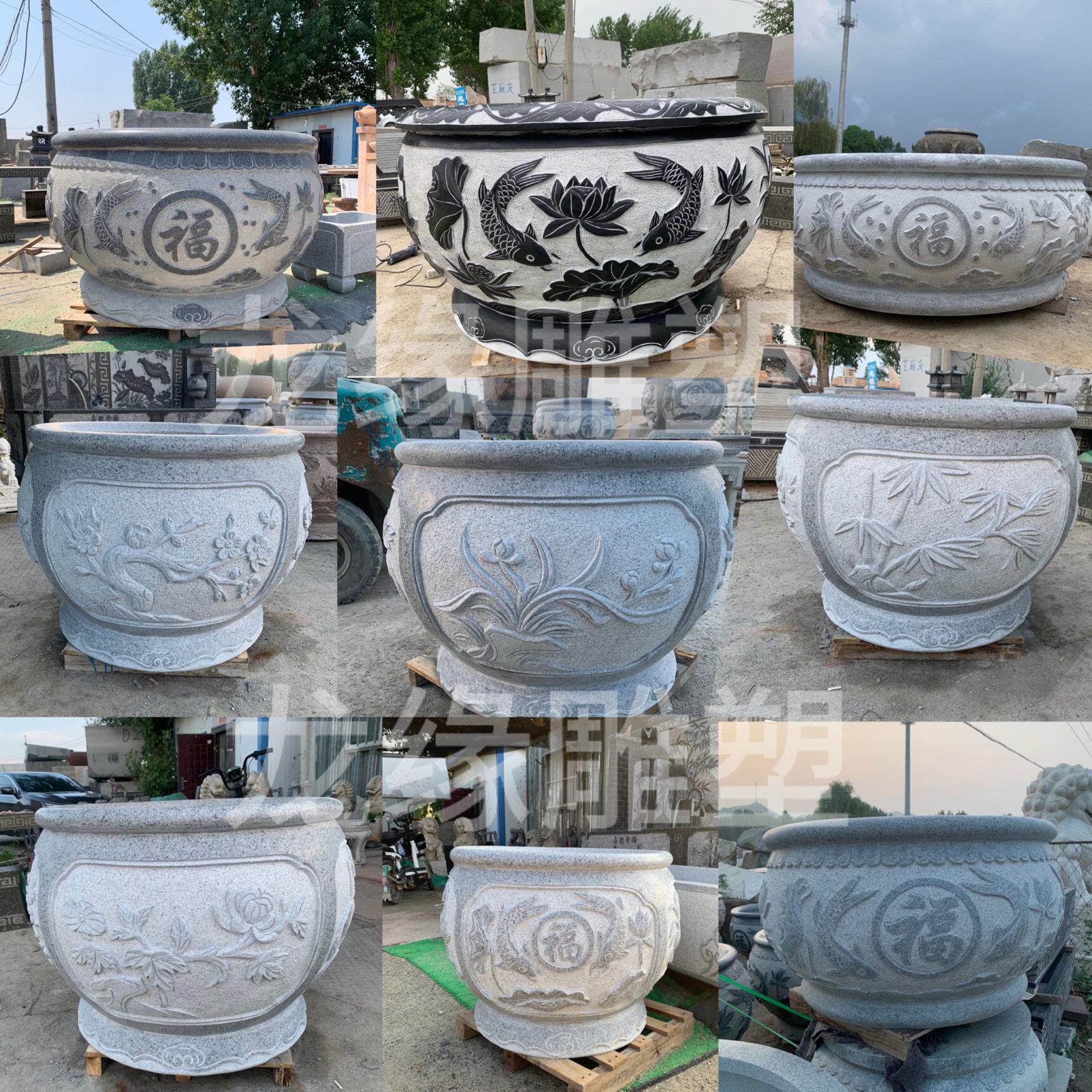 青石鱼缸花岗岩荷花盆定制家用养花养鱼门海公园户外摆件造景石雕