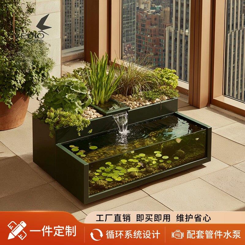 不锈钢金属玻璃鱼缸阳台生态鱼缸沼泽循环水过滤鱼池流水景观花箱