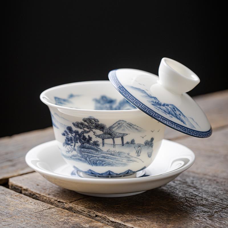 德化羊脂玉三才盖碗可悬停青花山水单个茶杯泡茶碗陶瓷茶具大容量