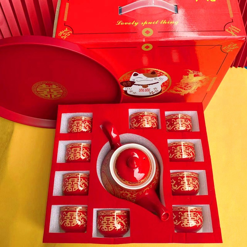 结婚敬茶杯套装10杯12杯礼盒装百喜杯红色陶瓷新娘孝心茶具茶盘嫁