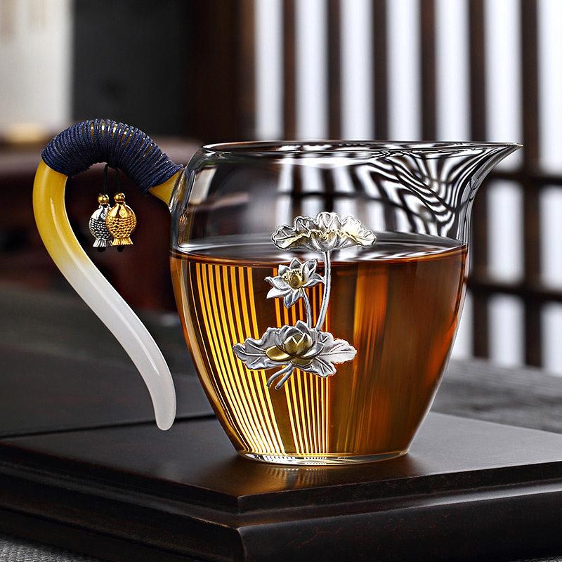 京也 镶银玻璃茶具公道杯加厚耐高温分茶器匀杯家用创意茶海公杯