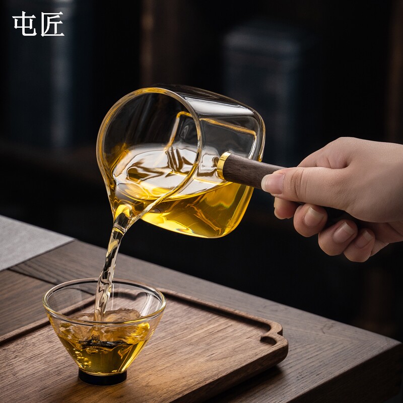 木柄公道杯耐热玻璃分茶器侧把泡茶杯茶漏一体茶海功夫茶具倒茶杯