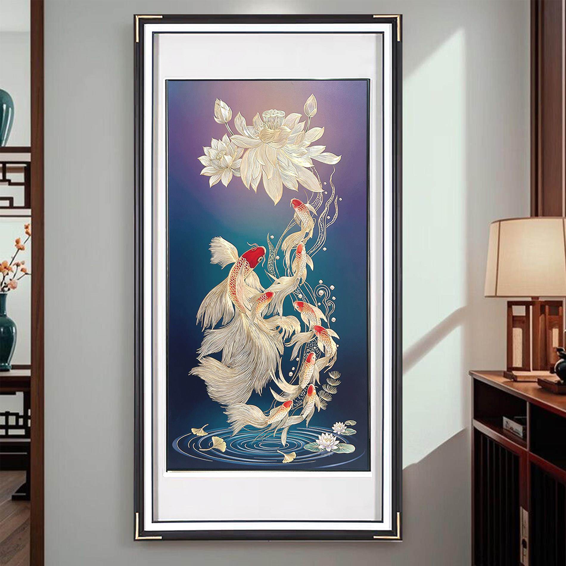 可定制手工雕刻铜雕装饰画入户玄关走廊过道今天九鱼荷花图新中式