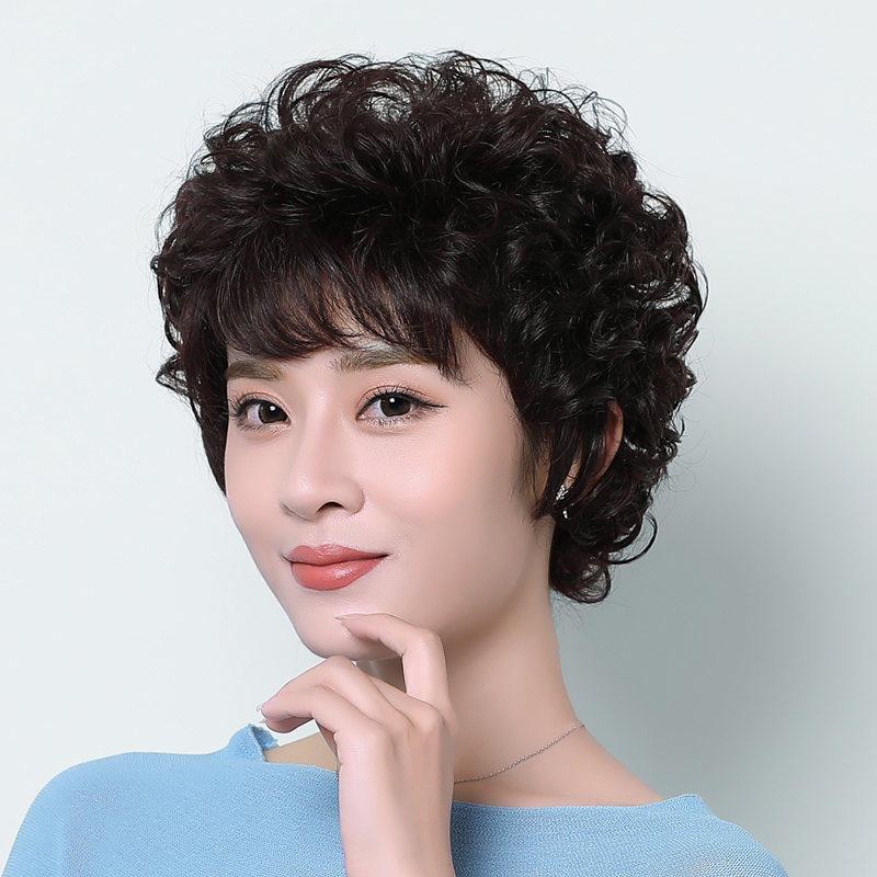 真发假发套女短发中老年人假发妈妈短卷发透气中年女士全头套修脸