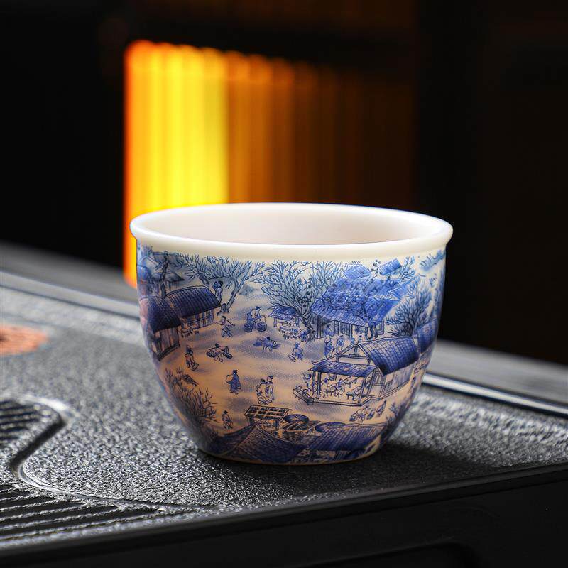 清明上河图薄胎陶瓷茶杯主人杯青花瓷功夫茶具单杯中式复古品茗杯