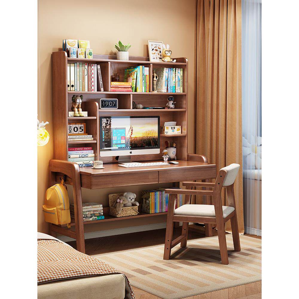 实木书桌书架一体可升降儿童学习桌家用初中学生写字台卧室电脑桌