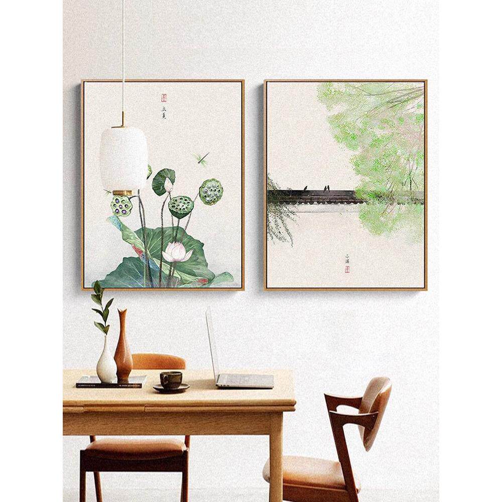 新中式竖版茶室装饰画二十四节气客厅书房背景墙壁画民宿三联挂画