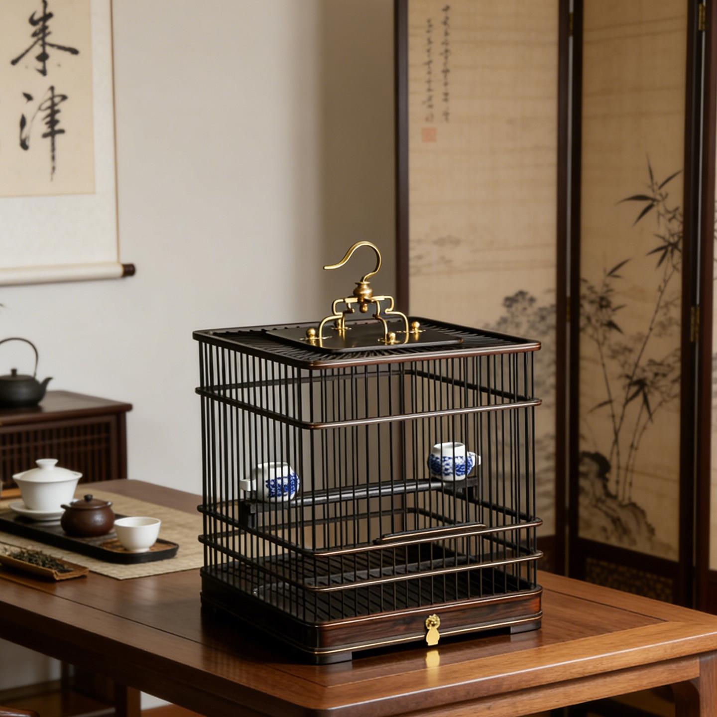 高档红木方鸟笼绣眼玉鸟画眉川笼木质木制实木精品竹制红木鸟笼子