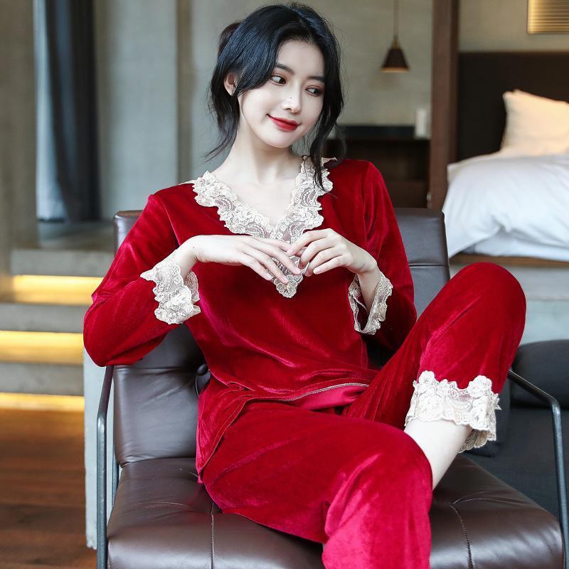 金丝绒睡衣女士春秋款套装喜庆红色本命年结婚新婚冬季大尺码家居