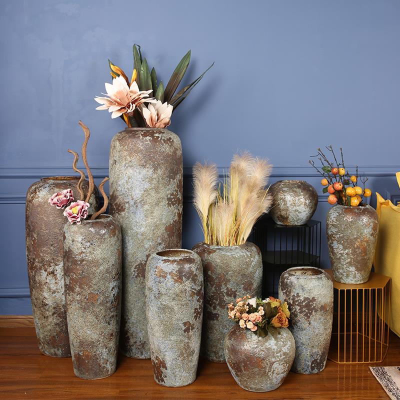 复古景德镇手工粗陶罐坛子花瓶插花干花落地大型花盆现代简约摆件
