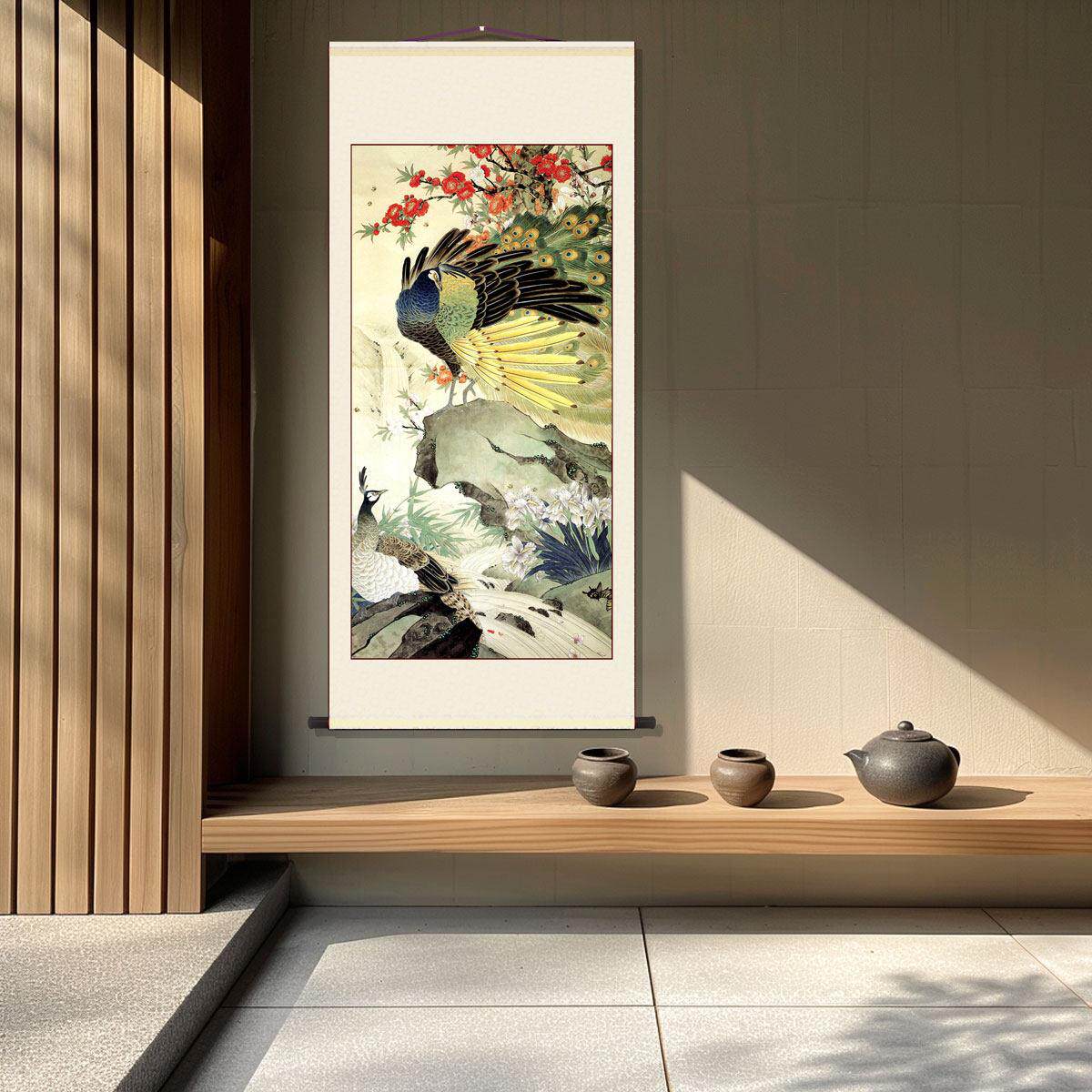 国画百鸟朝凤图玄关装饰挂画现代入户中欧式卷轴吉祥如意凤凰字画